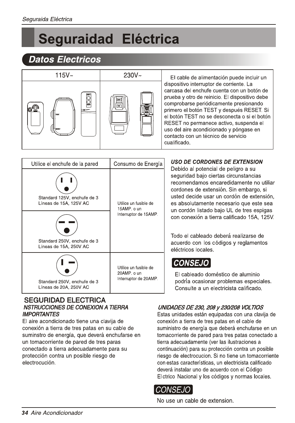 Bseguraidad eléctrica, Datos eléctricos, Consejo | Seguridad eléctrica | LG L8010ER User Manual | Page 34 / 52