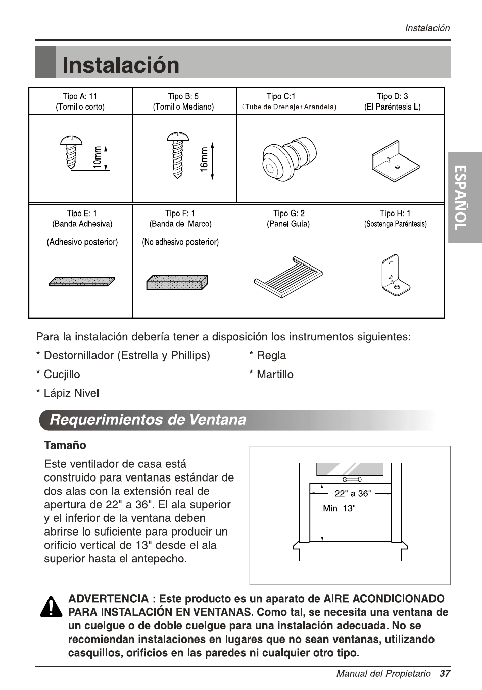 Requerimientos de ventana, Tamaño, Instalación | LG L8010ER User Manual | Page 37 / 52