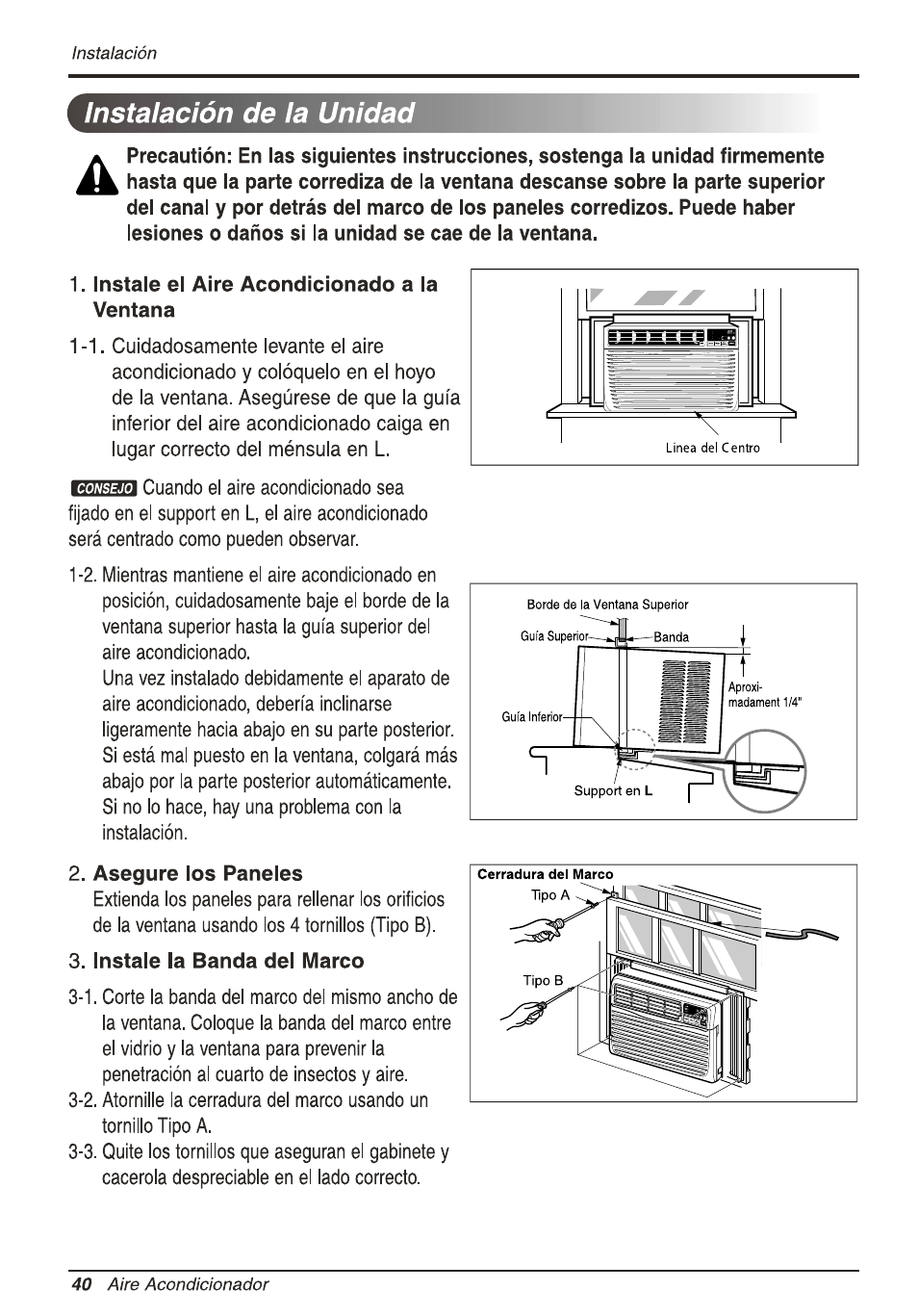 Instalación de la unidad | LG L8010ER User Manual | Page 40 / 52