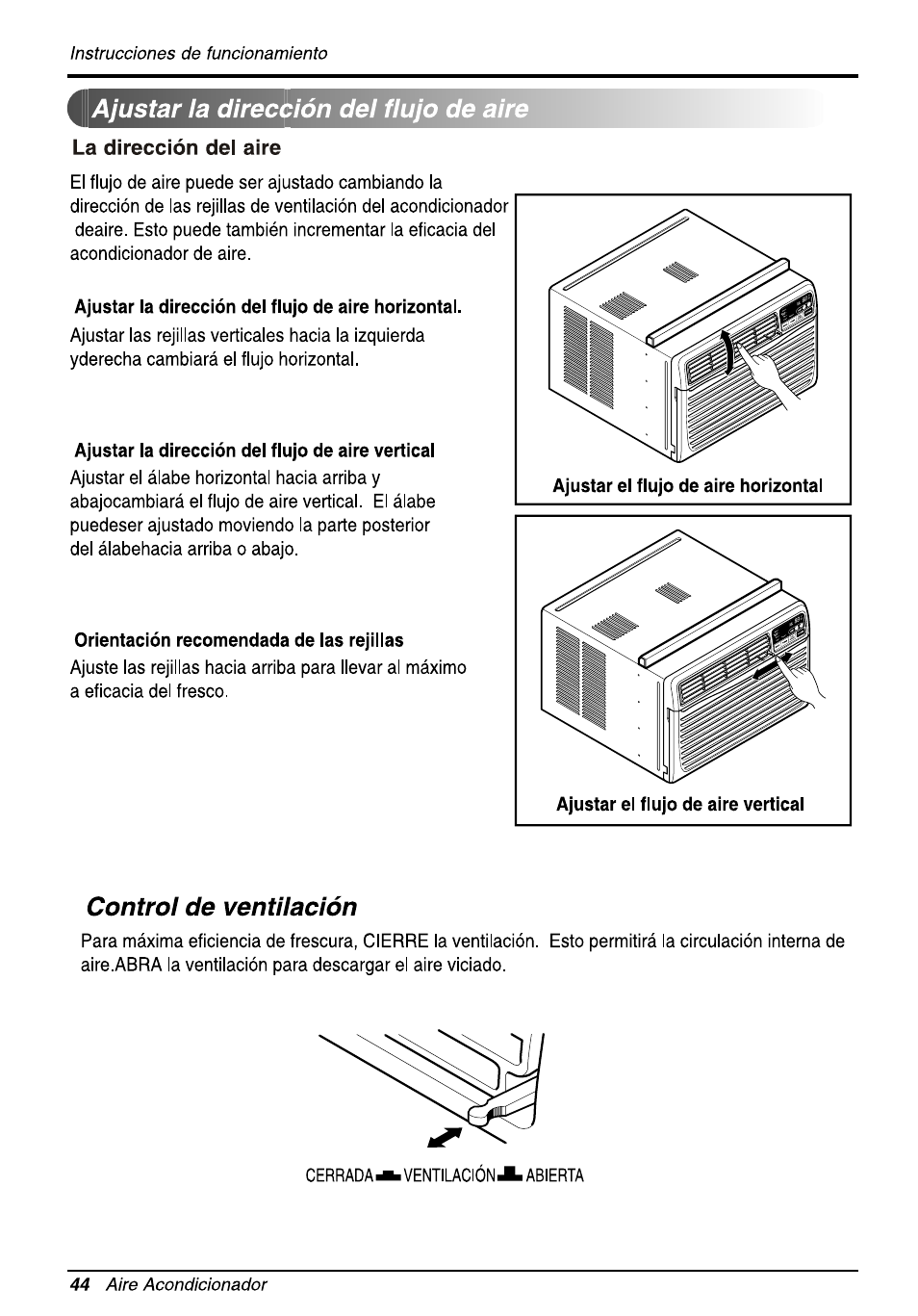Ajustar la dirección del flujo de aire, Control de ventilación, Control de ventilaciín | LG L8010ER User Manual | Page 44 / 52