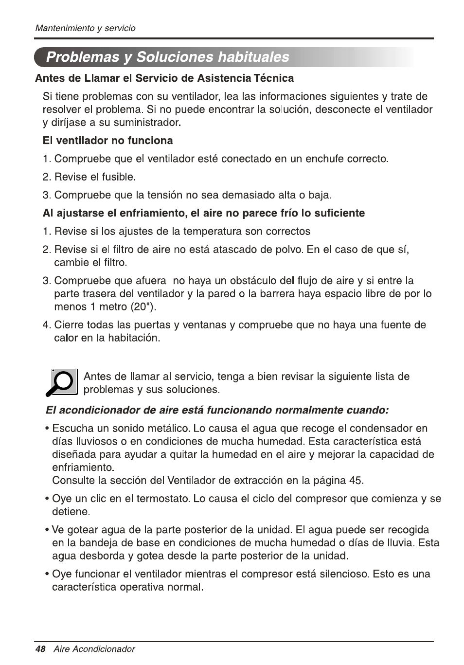 Problemas y soluciones habituales, Antes de llamar el servicio de asistencia técnica, El ventilador no funciona | LG L8010ER User Manual | Page 48 / 52