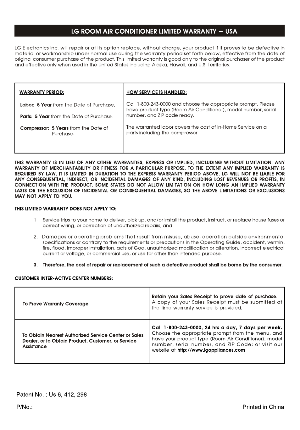Lg room air conditioner limited warranty - usa | LG L8010ER User Manual | Page 52 / 52