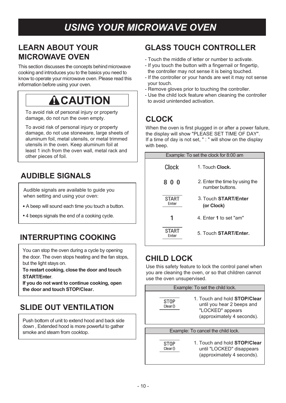 Caution, Using your microwave oven, Learn about your microwave oven | Glass touch controller, Clock, Child lock, Audible signals, Interrupting cooking, Slide out ventilation | LG LMH2235ST User Manual | Page 10 / 32