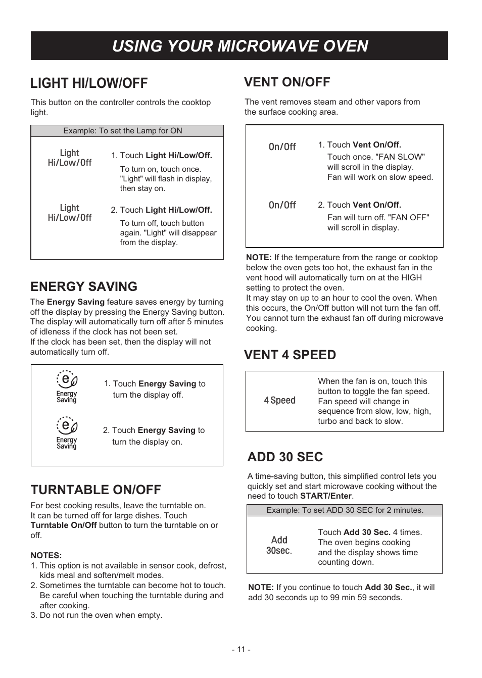 Using your microwave oven, Light hi/low/off, Vent on/off | Add 30 sec, Vent 4 speed, Turntable on/off | LG LMH2235ST User Manual | Page 11 / 32