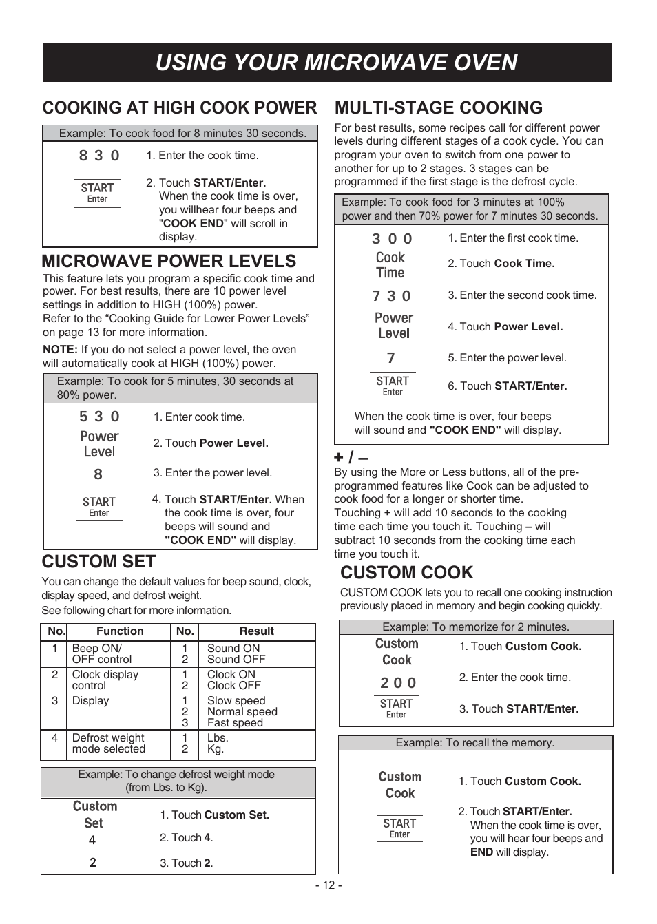 Using your microwave oven, Cooking at high cook power, Microwave power levels | Custom set, Multi-stage cooking, Custom cook | LG LMH2235ST User Manual | Page 12 / 32