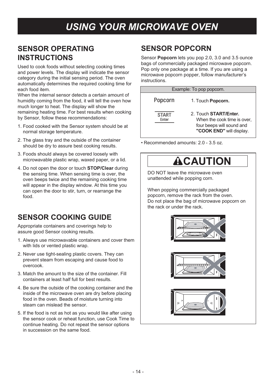 Caution, Using your microwave oven, Sensor popcorn | Sensor operating instructions, Sensor cooking guide | LG LMH2235ST User Manual | Page 14 / 32