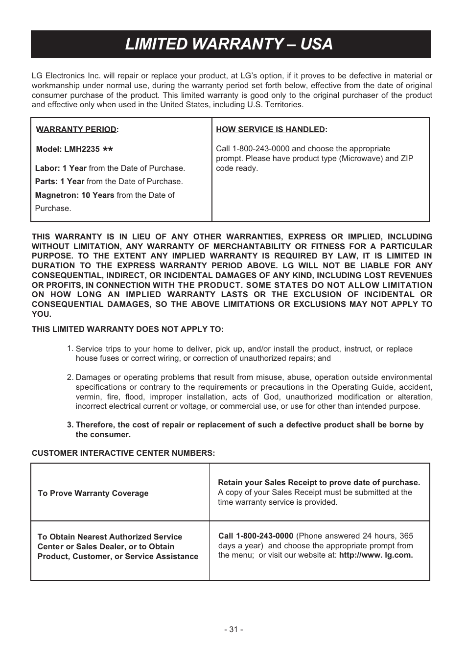 Limited warranty – usa | LG LMH2235ST User Manual | Page 31 / 32