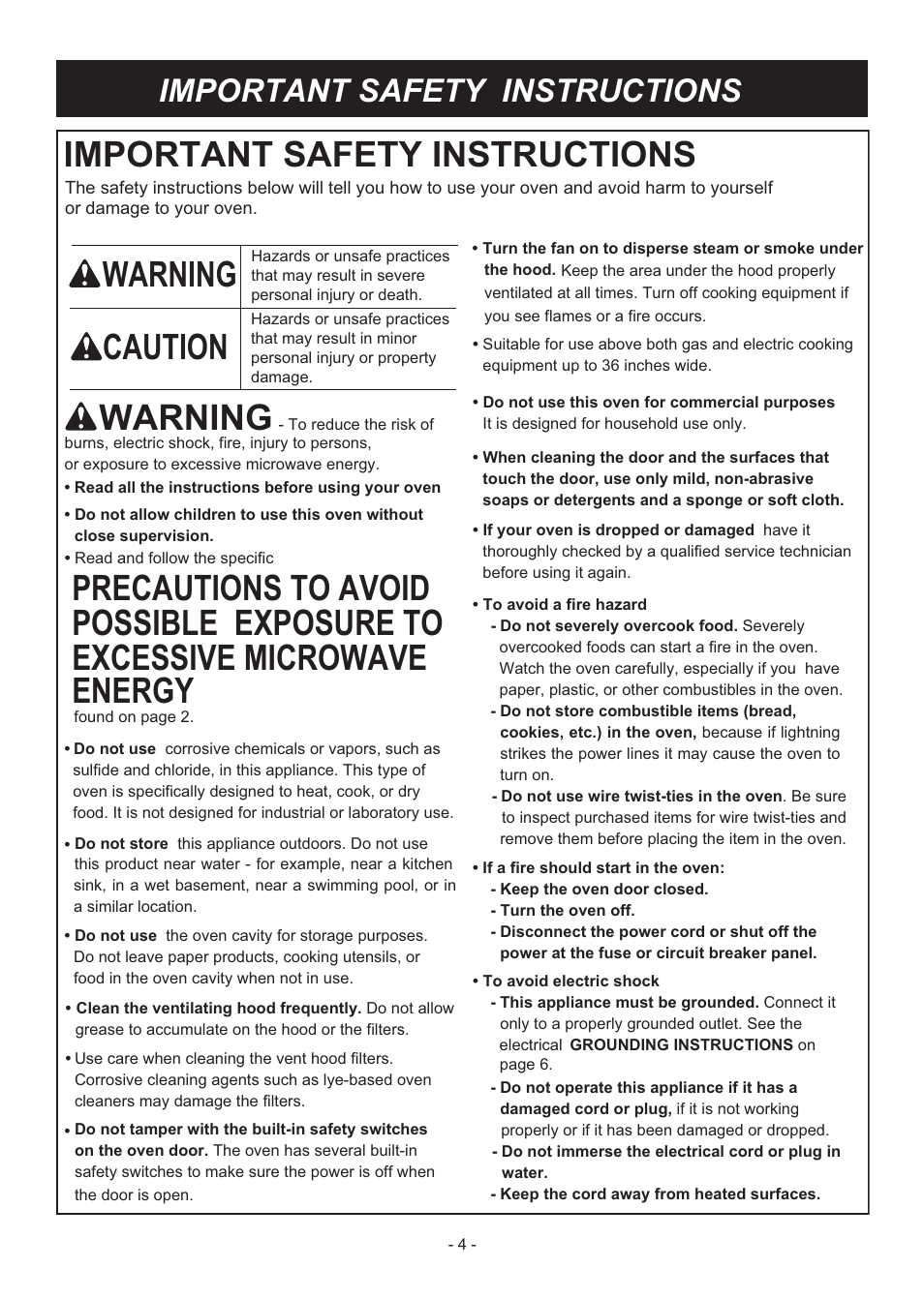 Warning, Caution, Important safety instructions | LG LMH2235ST User Manual | Page 4 / 32