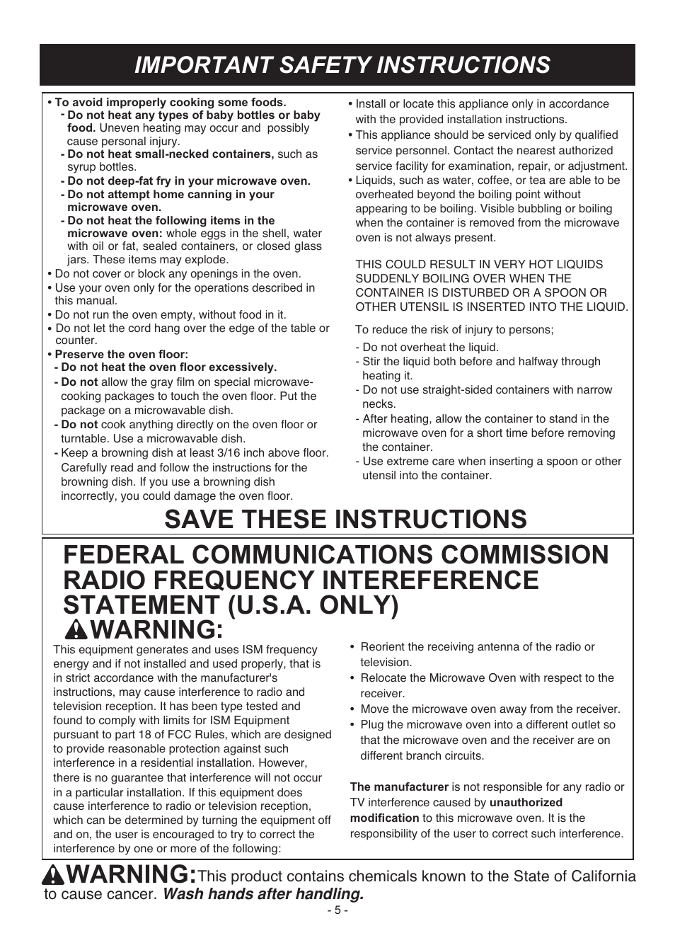 Warning, Important safety instructions | LG LMH2235ST User Manual | Page 5 / 32