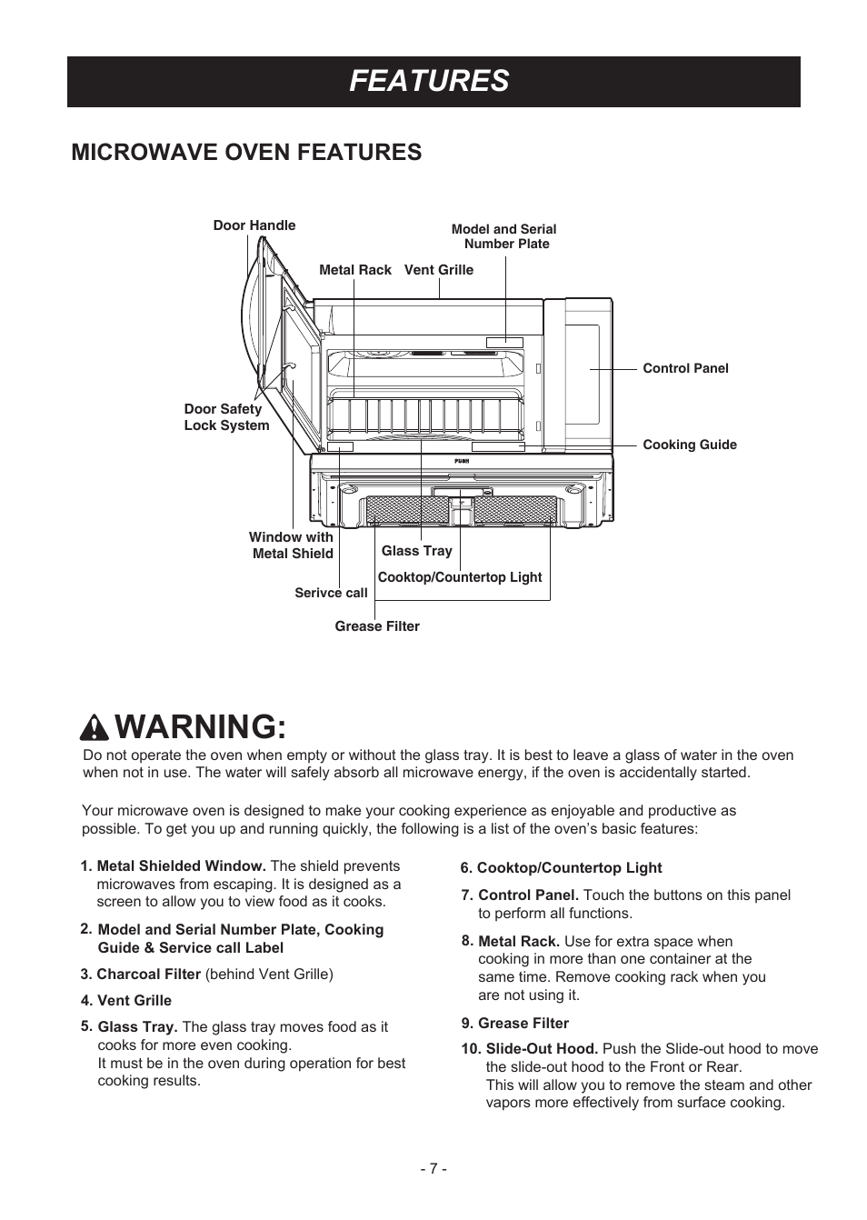 Warning, Features, Microwave oven features | LG LMH2235ST User Manual | Page 7 / 32