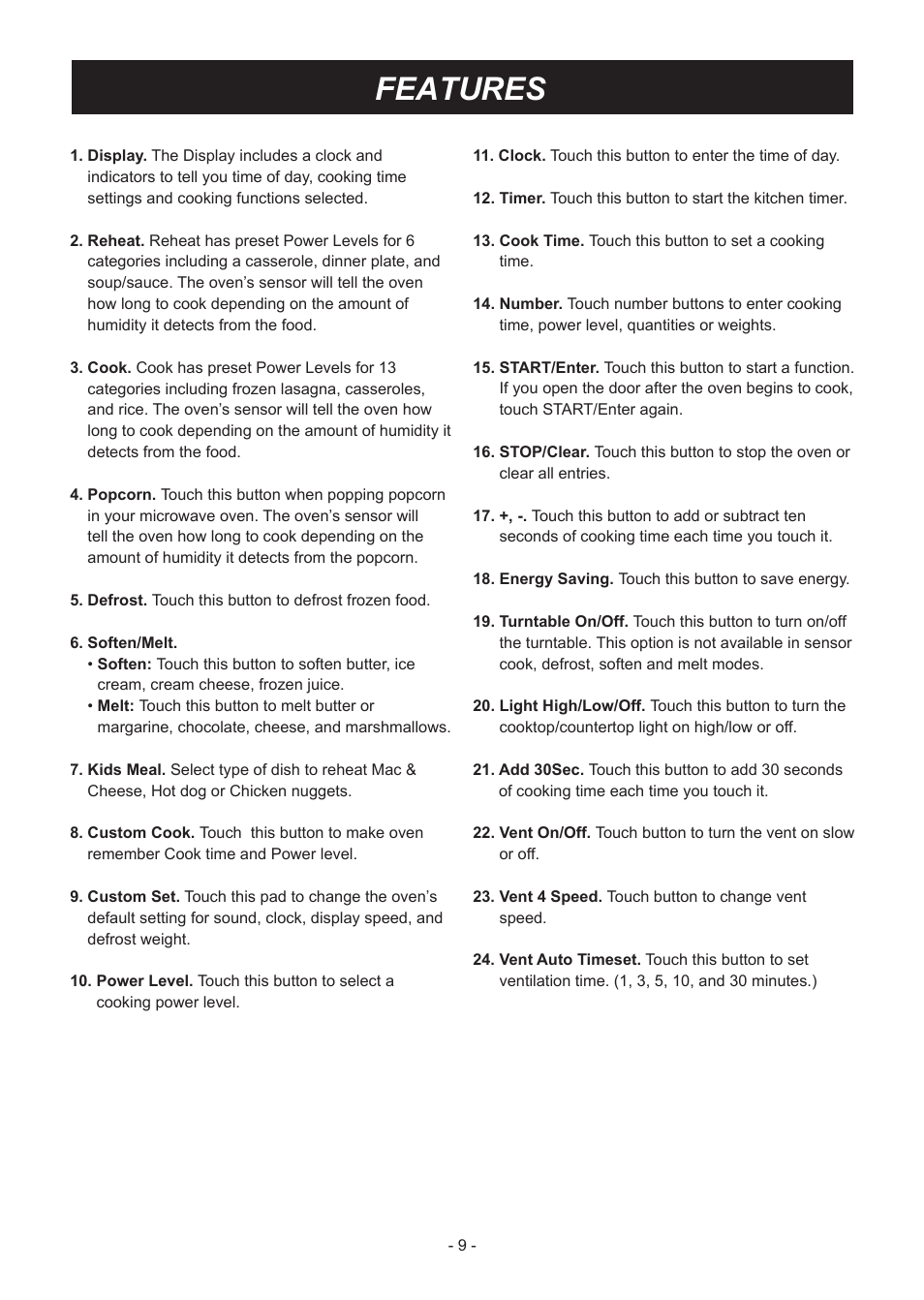 Features | LG LMH2235ST User Manual | Page 9 / 32