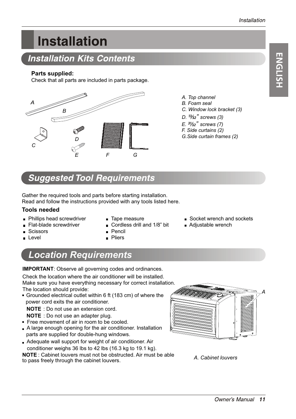 Location requirements | LG LW5012J User Manual | Page 11 / 20