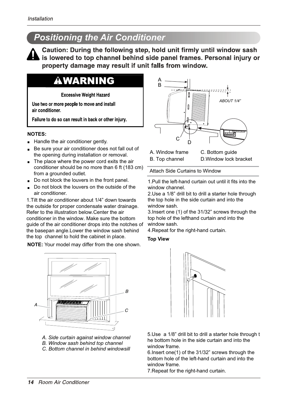 Positioning the air conditioner | LG LW5012J User Manual | Page 14 / 20