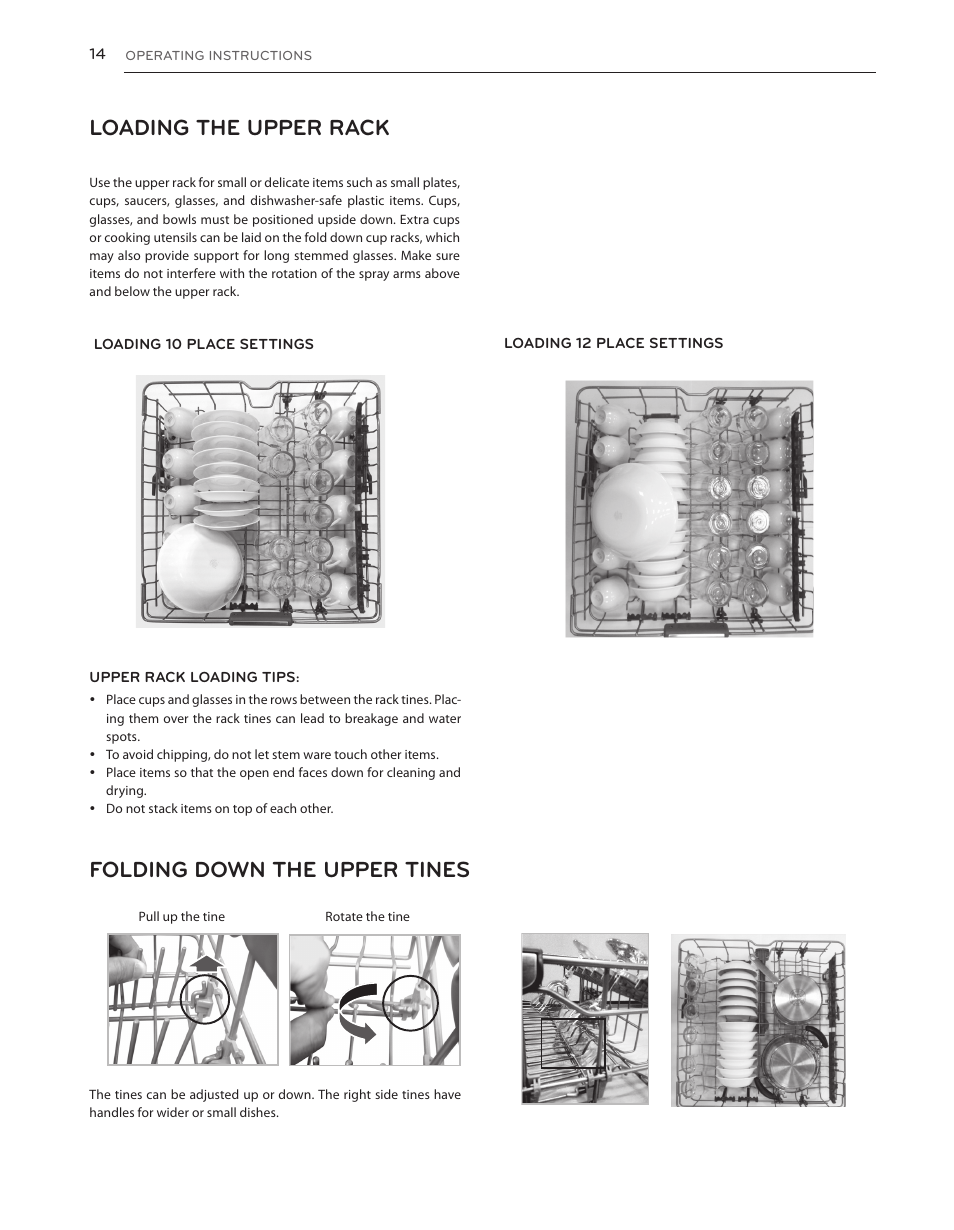 Loading the upper rack, Folding down the upper tines | LG LDS5540ST User Manual | Page 14 / 80