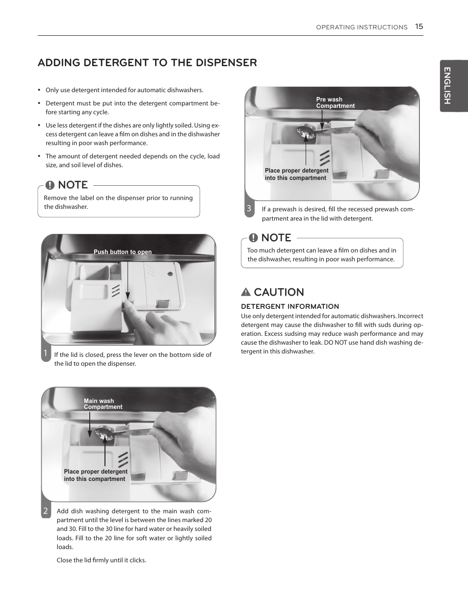 Adding detergent to the dispenser, Caution, English | LG LDS5540ST User Manual | Page 15 / 80