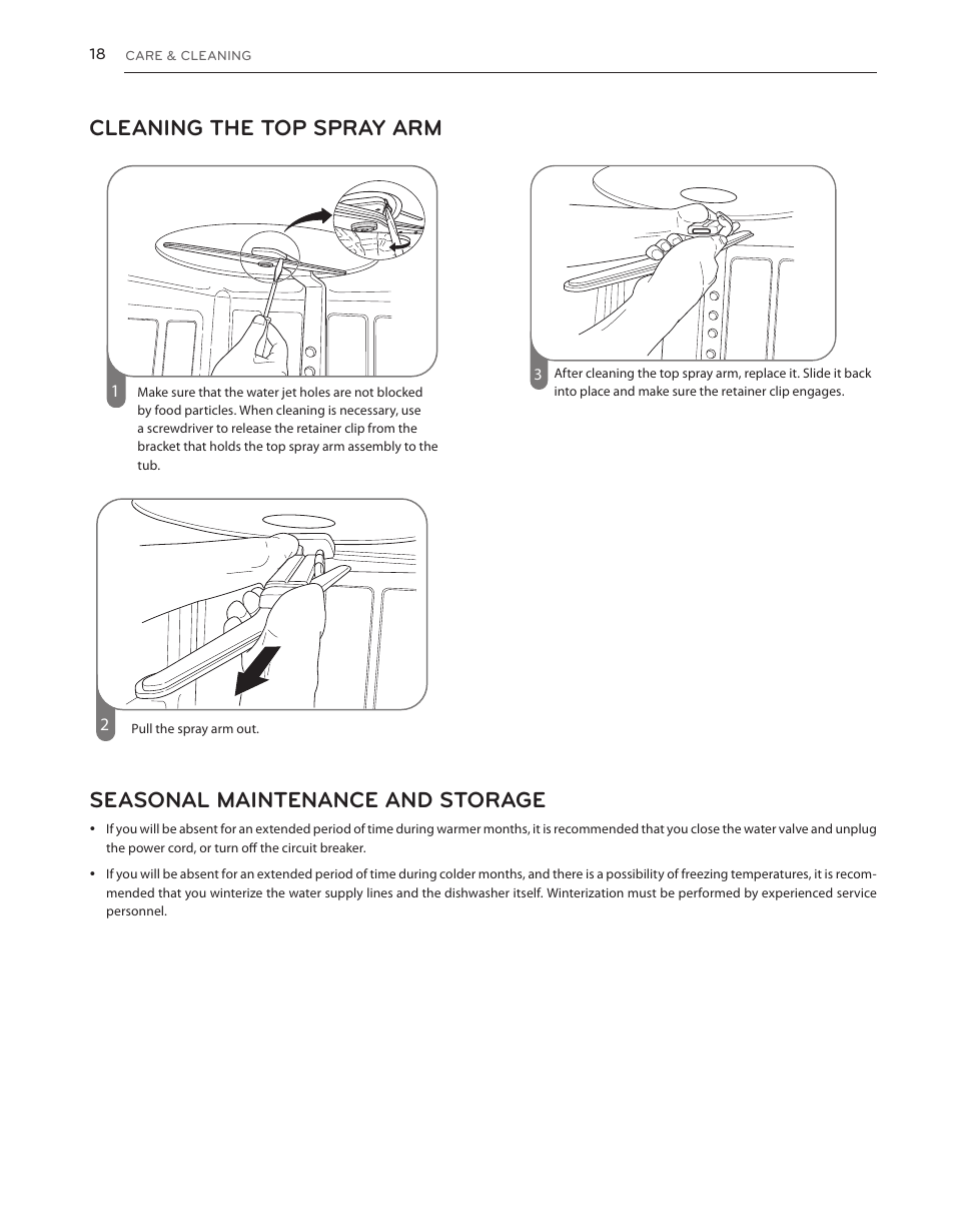 Cleaning the top spray arm, Seasonal maintenance and storage | LG LDS5540ST User Manual | Page 18 / 80