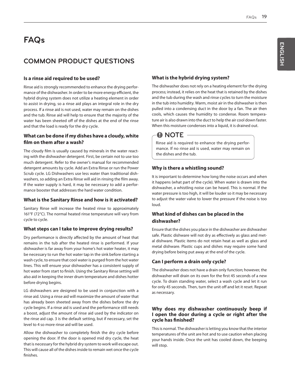 Faqs, Common product questions | LG LDS5540ST User Manual | Page 19 / 80