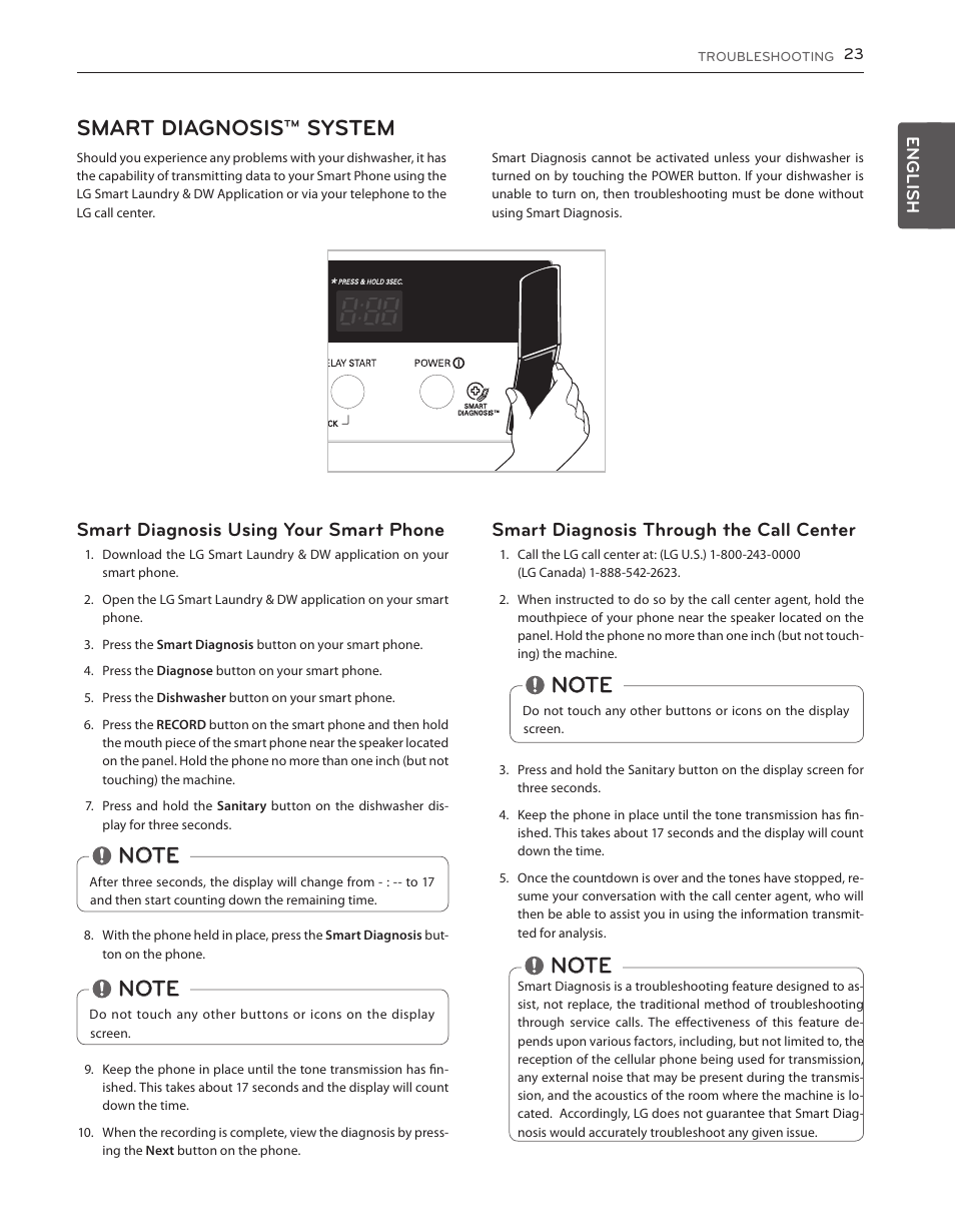 Smart diagnosis™ system, Smart diagnosis using your smart phone, Smart diagnosis through the call center | LG LDS5540ST User Manual | Page 23 / 80