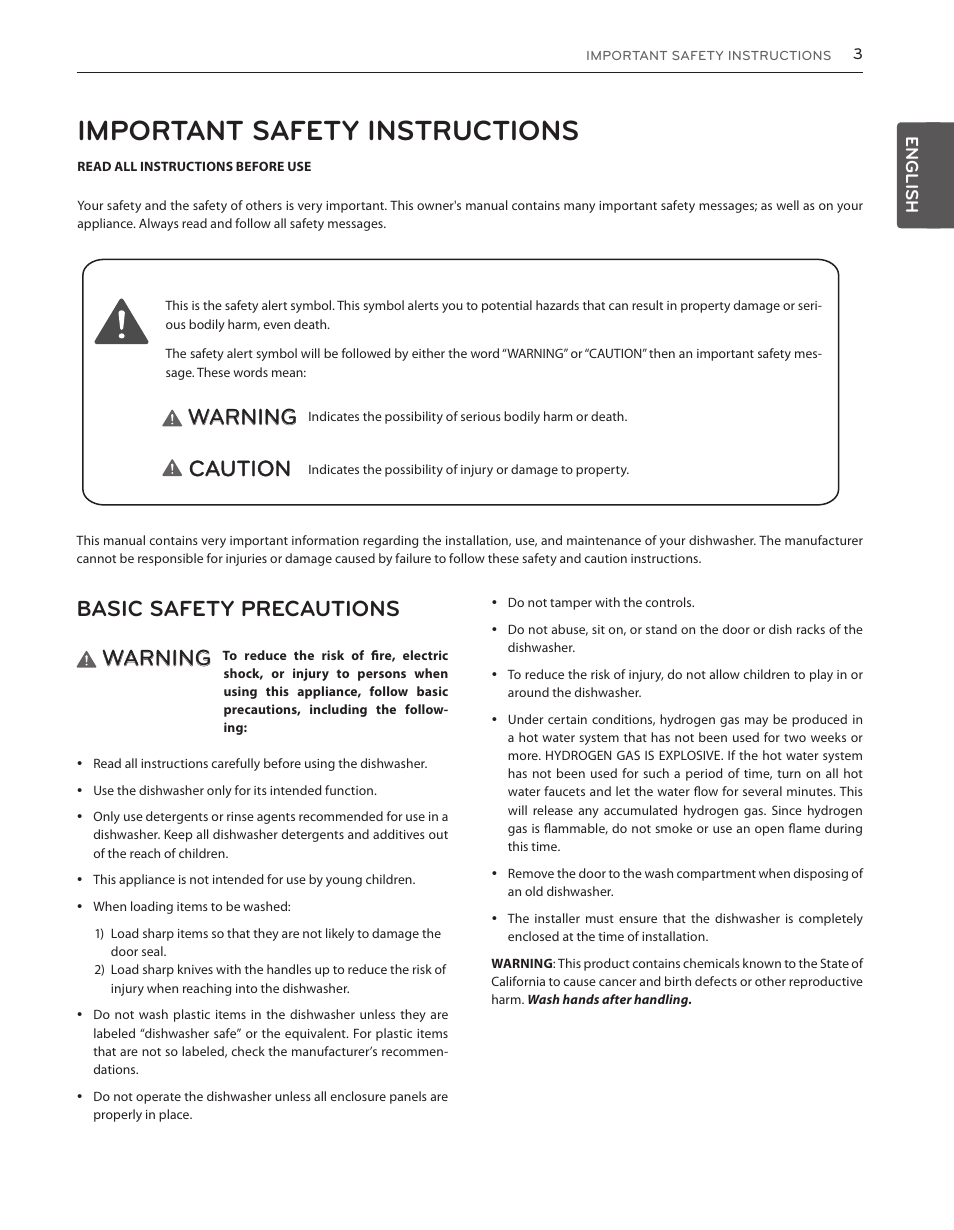 Important safety instructions, Basic safety precautions, Warning | Caution, English | LG LDS5540ST User Manual | Page 3 / 80