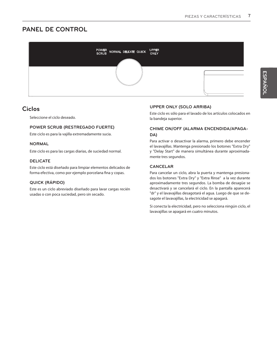 Panel de control ciclos | LG LDS5540ST User Manual | Page 33 / 80
