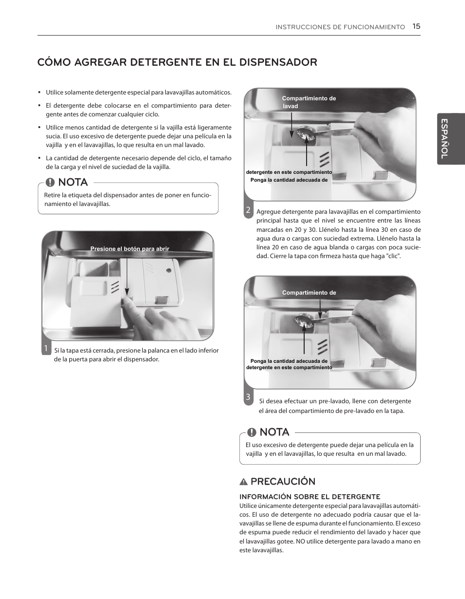 Cómo agregar detergente en el dispensador, Nota, Precaución | Esp añol | LG LDS5540ST User Manual | Page 41 / 80