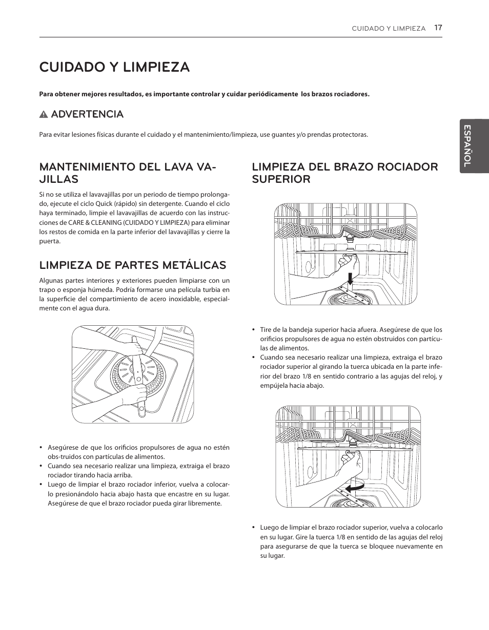 Cuidado y limpieza, Mantenimiento del lava va- jillas, Limpieza de partes metálicas | Limpieza del brazo rociador superior, Advertencia | LG LDS5540ST User Manual | Page 43 / 80