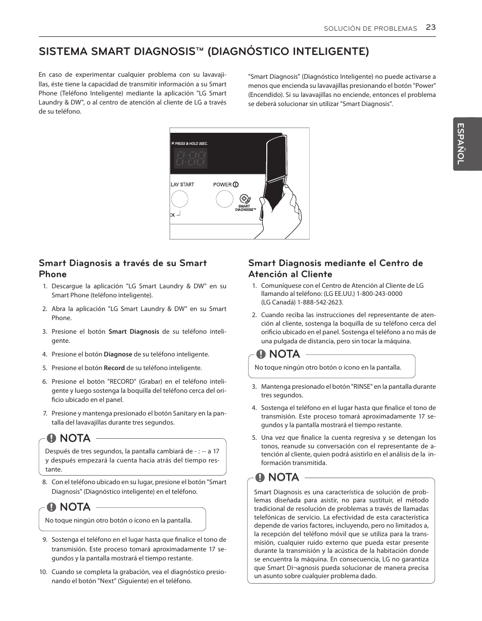 Nota, Sistema smart diagnosis™ (diagnóstico inteligente), Smart diagnosis a través de su smart phone | LG LDS5540ST User Manual | Page 49 / 80
