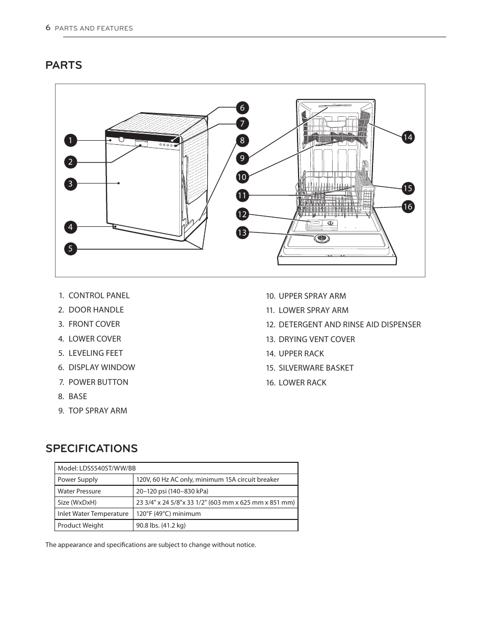 Parts, Specifications | LG LDS5540ST User Manual | Page 6 / 80