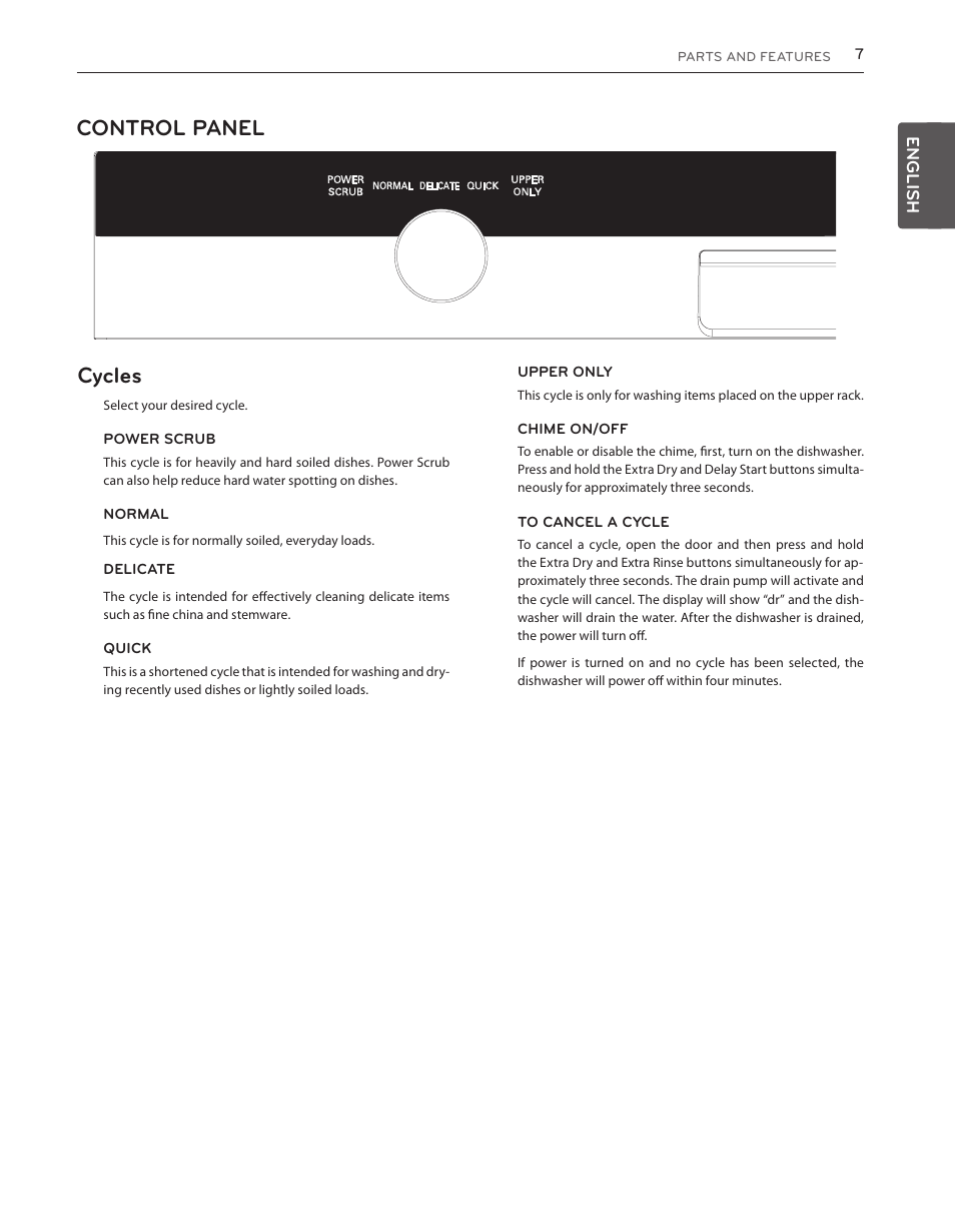 Control panel cycles, English | LG LDS5540ST User Manual | Page 7 / 80