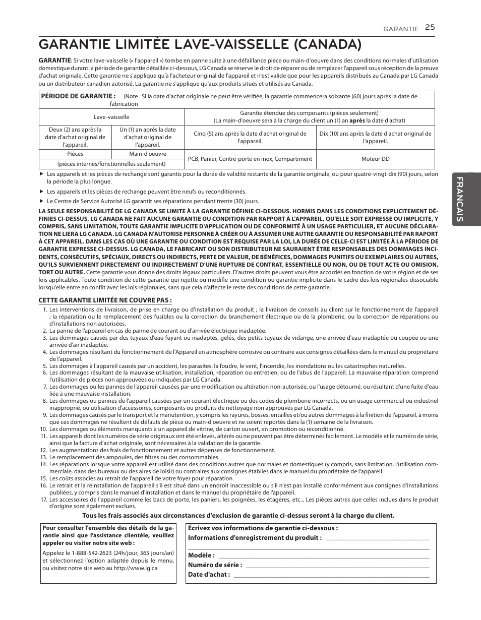 Garantie limitée lave-vaisselle (canada), Francais | LG LDS5540ST User Manual | Page 77 / 80