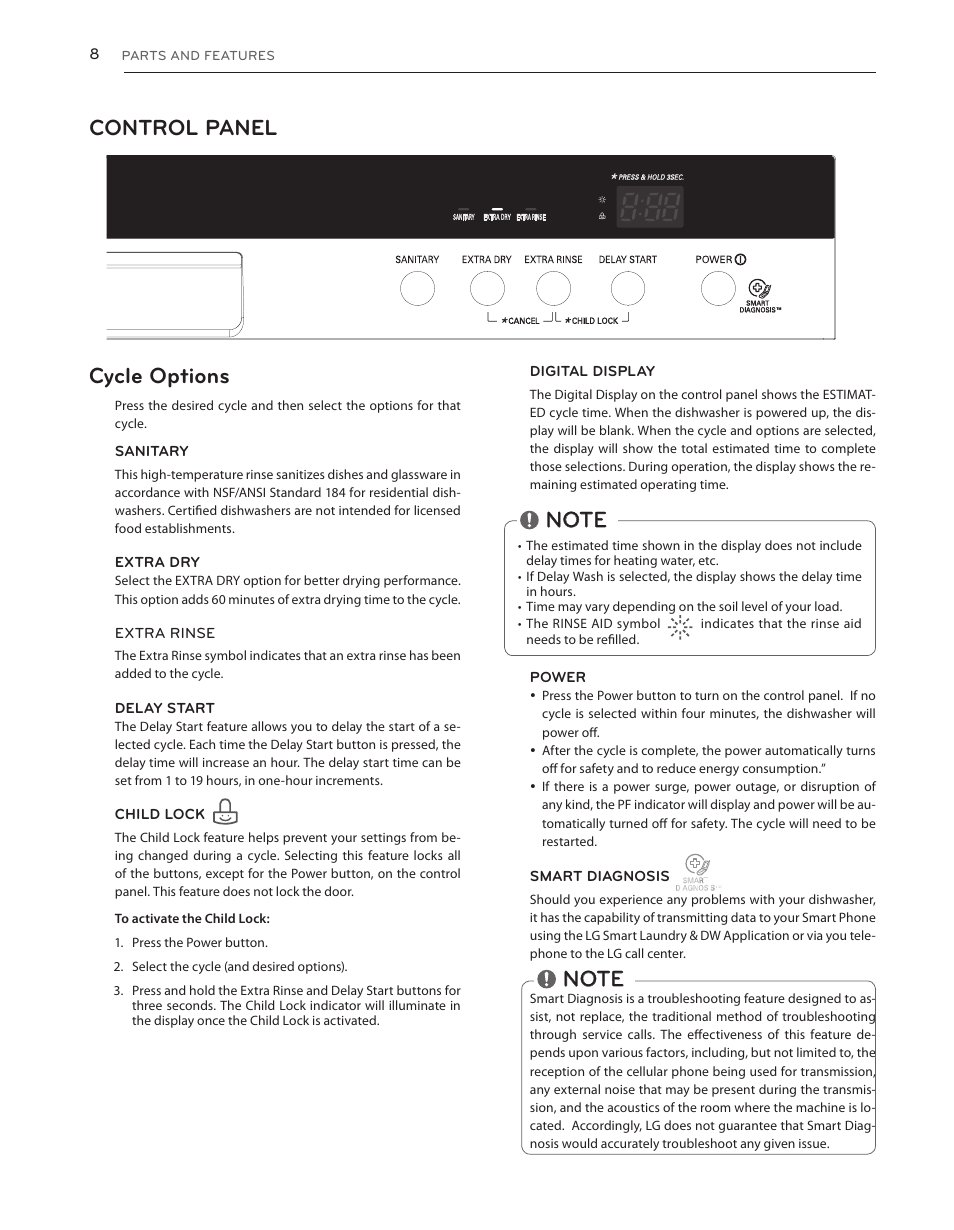 Control panel cycle options | LG LDS5540ST User Manual | Page 8 / 80