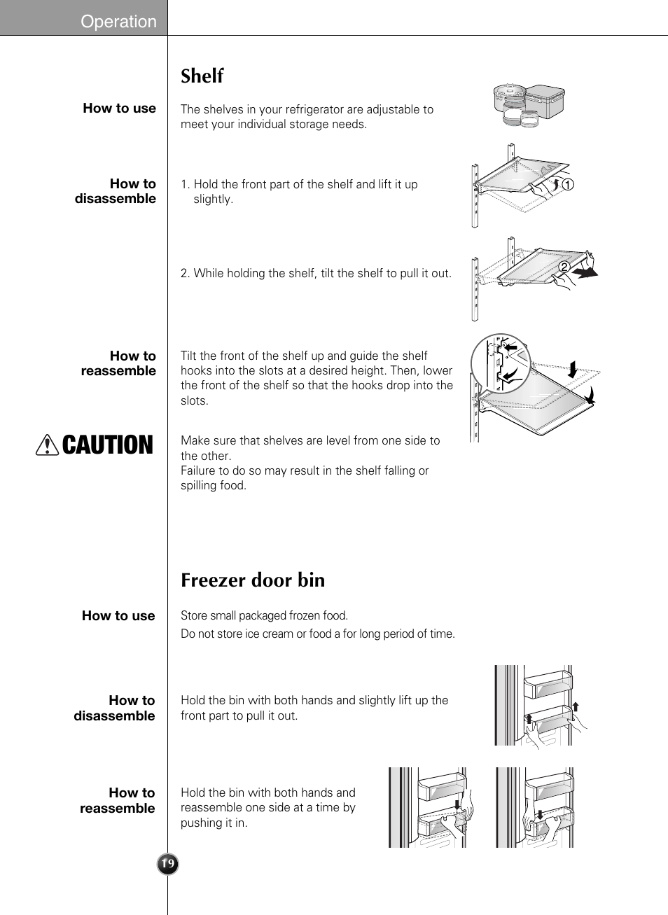 Caution, Shelf, Freezer door bin | Operation | LG LSSB2791ST User Manual | Page 19 / 47