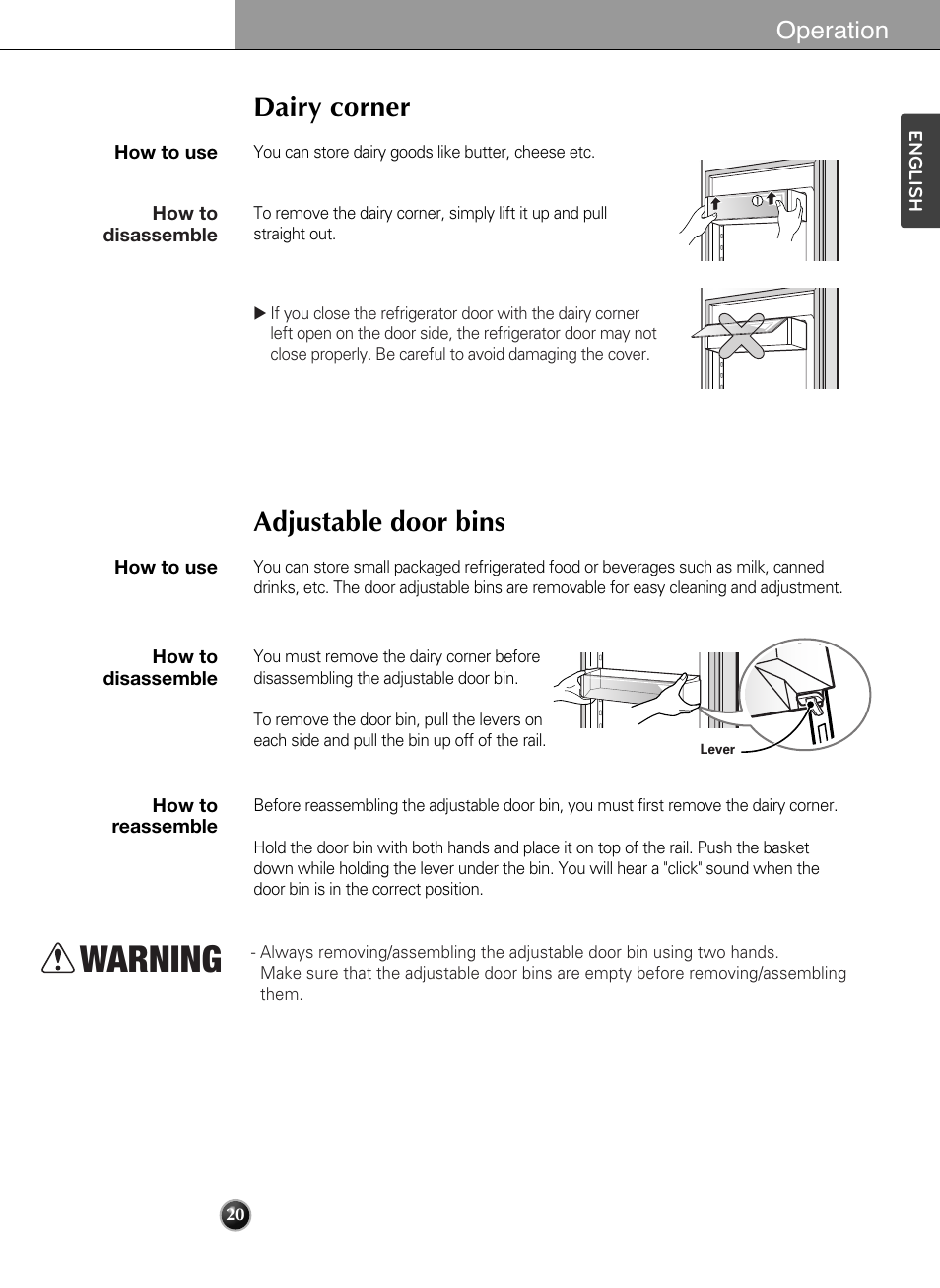 Warning, Adjustable door bins, Dairy corner | Operation | LG LSSB2791ST User Manual | Page 20 / 47