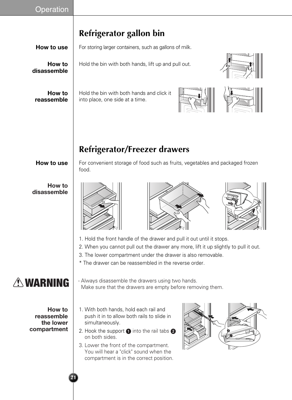 Warning, Refrigerator gallon bin, Refrigerator/freezer drawers | Operation | LG LSSB2791ST User Manual | Page 21 / 47
