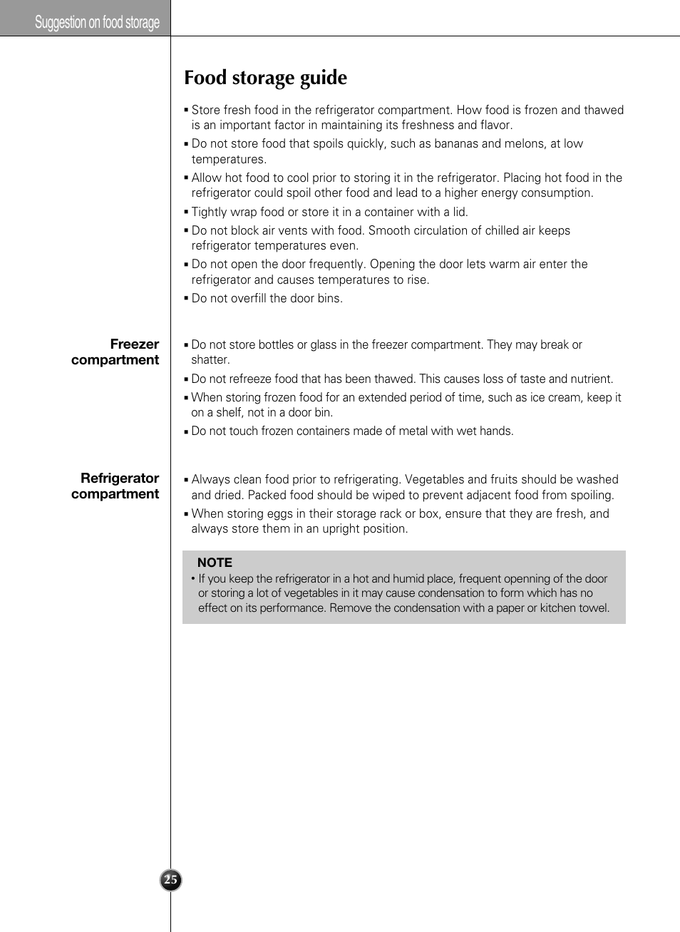 Food storage guide, Suggestion on food storage | LG LSSB2791ST User Manual | Page 25 / 47