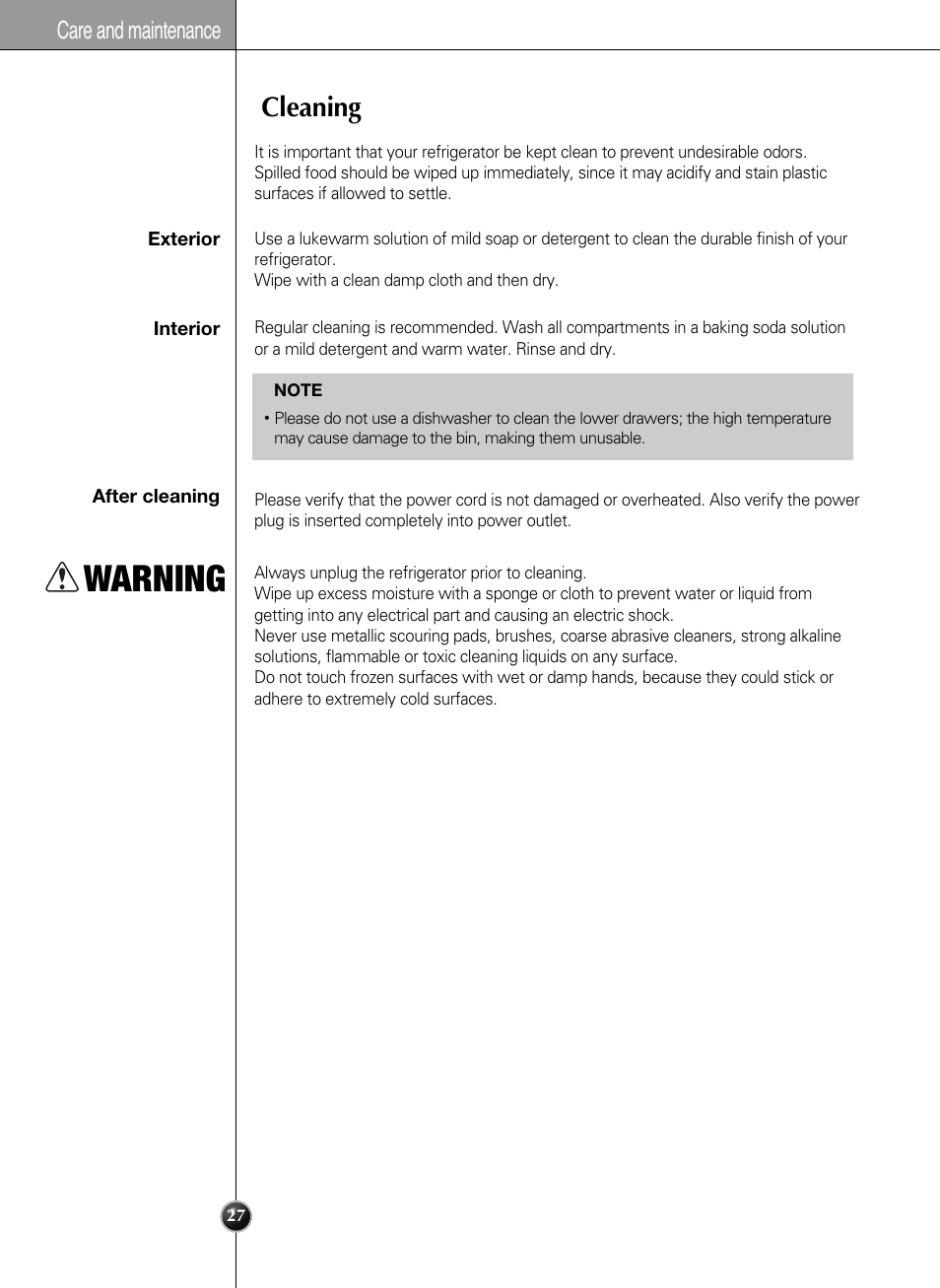 Warning, Cleaning, Care and maintenance | LG LSSB2791ST User Manual | Page 27 / 47