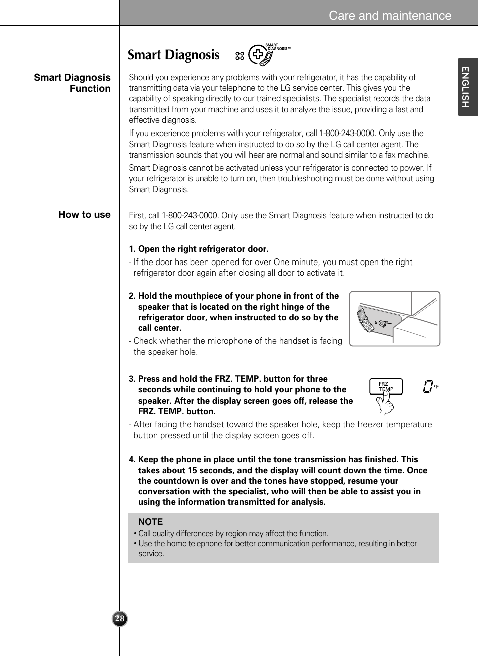 Smart diagnosis, Care and maintenance | LG LSSB2791ST User Manual | Page 28 / 47