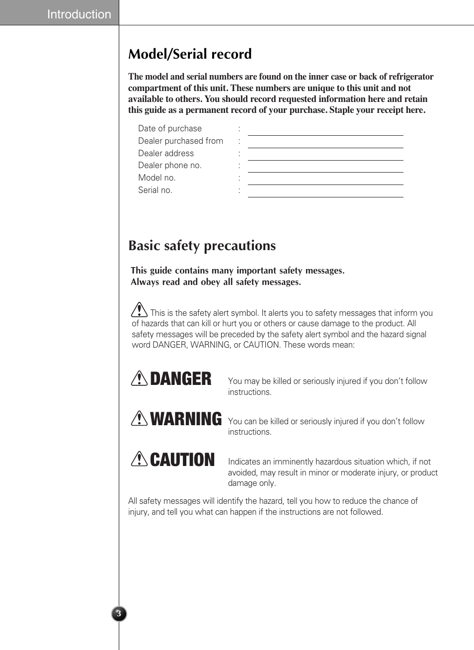 Danger, Warning, Caution | Model/serial record, Basic safety precautions, Introduction | LG LSSB2791ST User Manual | Page 3 / 47