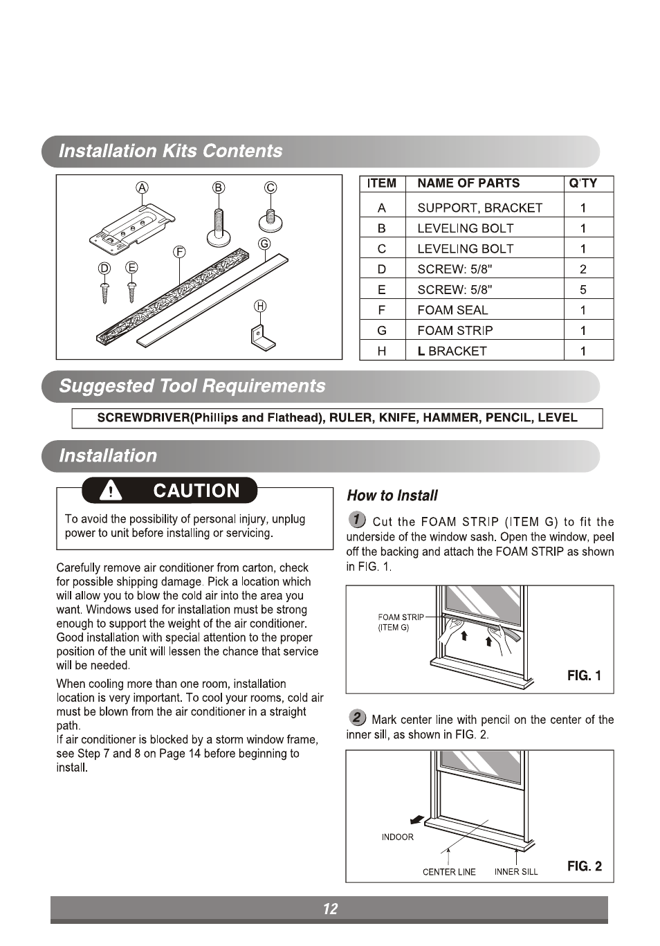 Installation kits contents, Suggested tool requirements, Installation | LG LP6010ER User Manual | Page 12 / 40