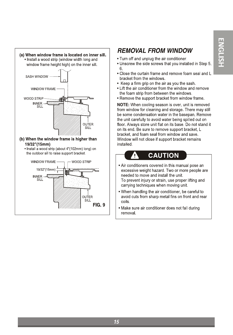 Removal from window, A caution | LG LP6010ER User Manual | Page 15 / 40
