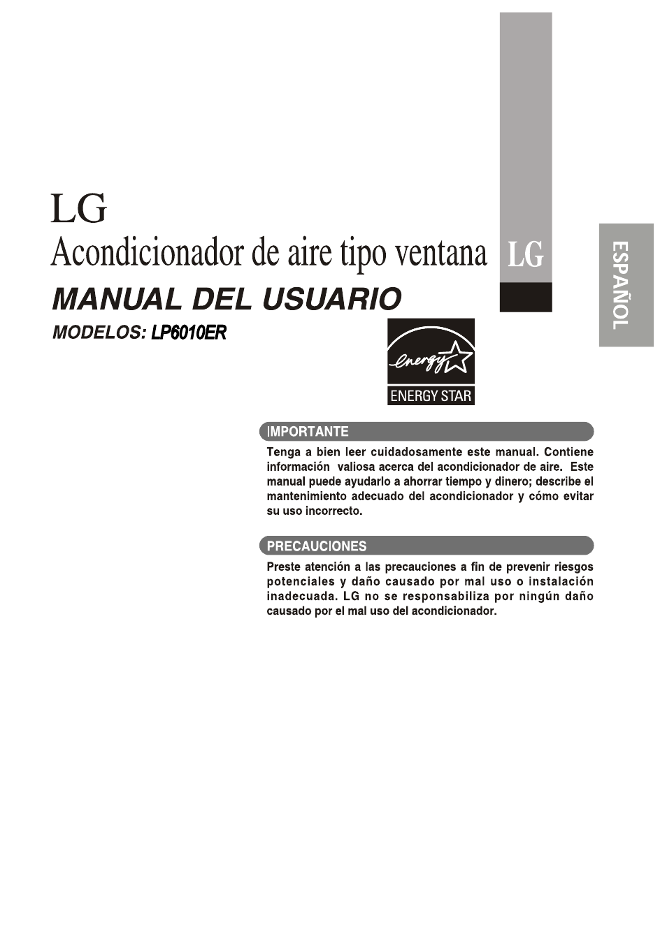 Modelos: lp6010er, Acondicionador de aire tipo ventana, Manual del usuario | LG LP6010ER User Manual | Page 21 / 40