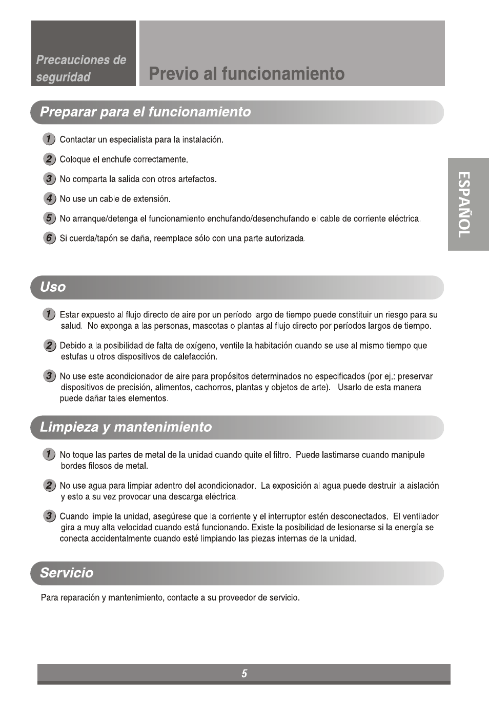 Preparar para el funcionamiento, Limpieza y mantenimiento, Servicio | Previo al funcionamiento | LG LP6010ER User Manual | Page 25 / 40