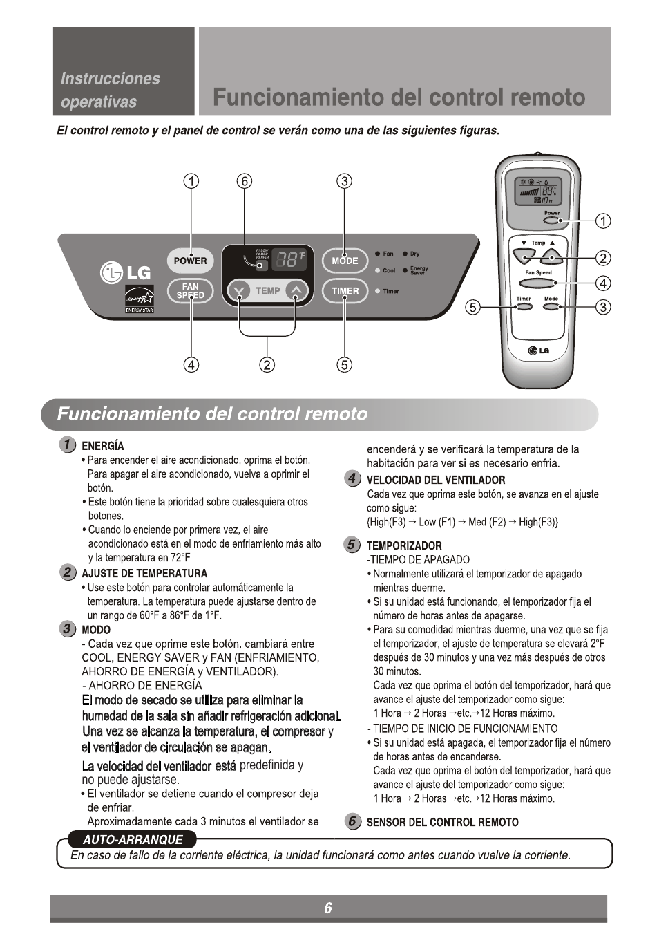 Funcionamiento dei controi remoto, Funcionamiento del control remoto, Instrucciones operativas | LG LP6010ER User Manual | Page 26 / 40