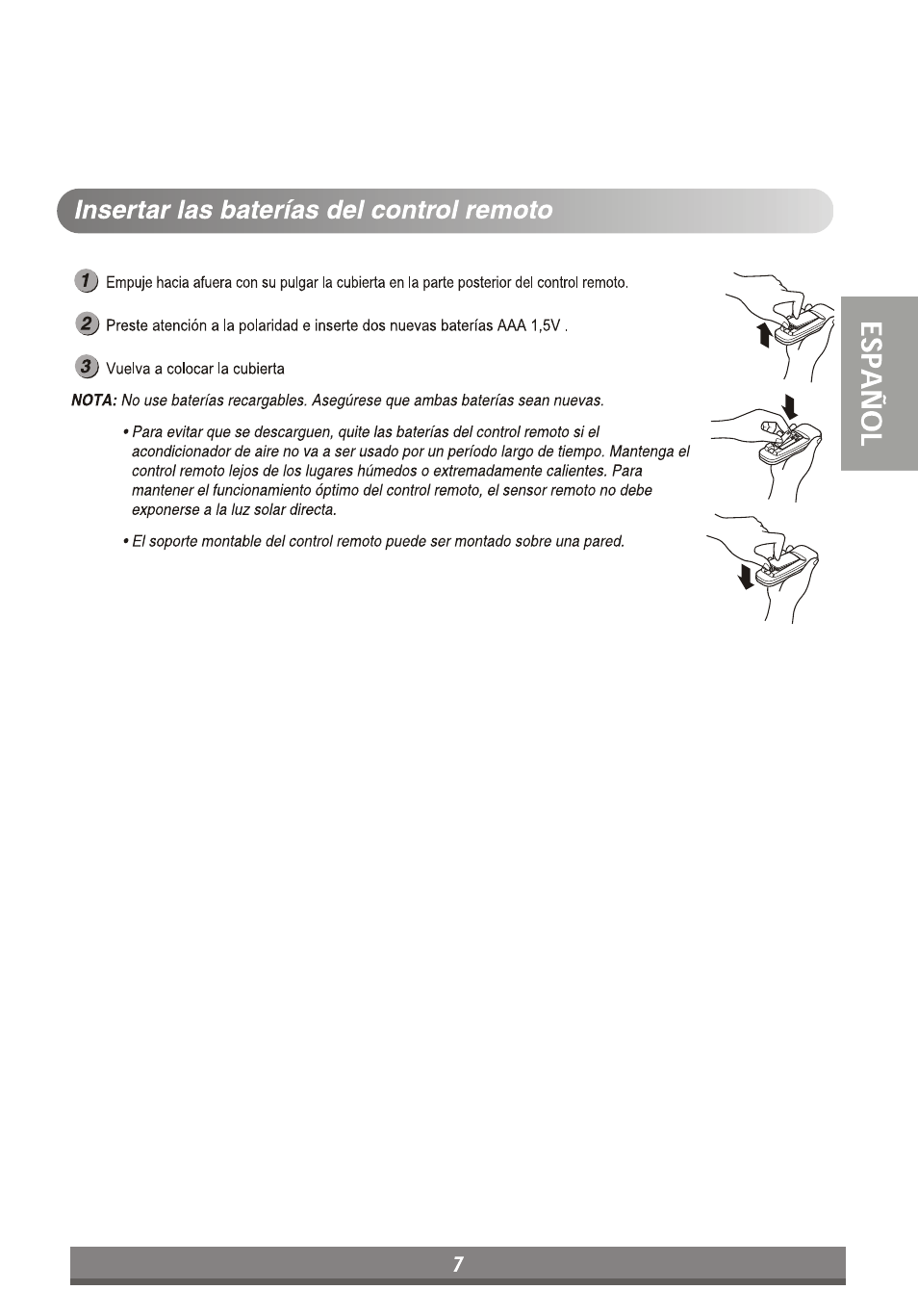 Insertar las baterías del control remoto, Nota | LG LP6010ER User Manual | Page 27 / 40