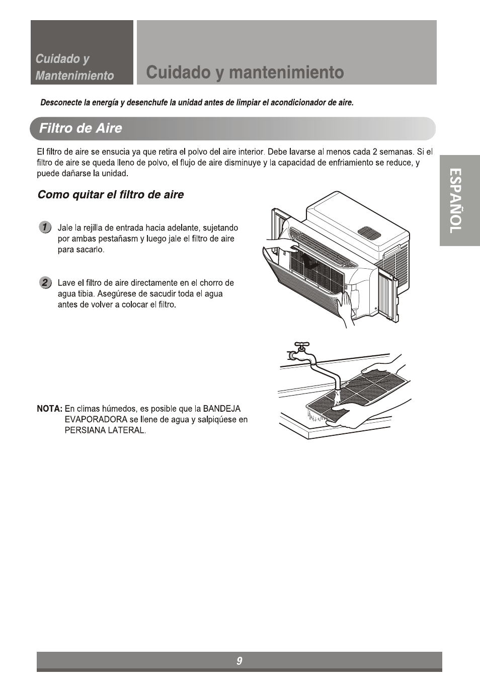 Cuidado у mantenimiento, Filtro de aire, Cuidado y mantenimiento | LG LP6010ER User Manual | Page 29 / 40