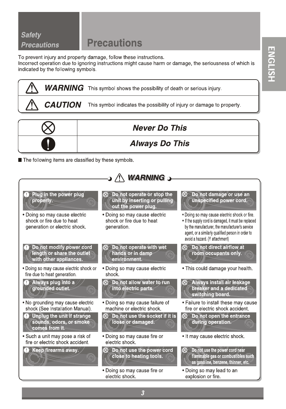 Precautions, Warning, Caution | Never do this, Always do this | LG LP6010ER User Manual | Page 3 / 40