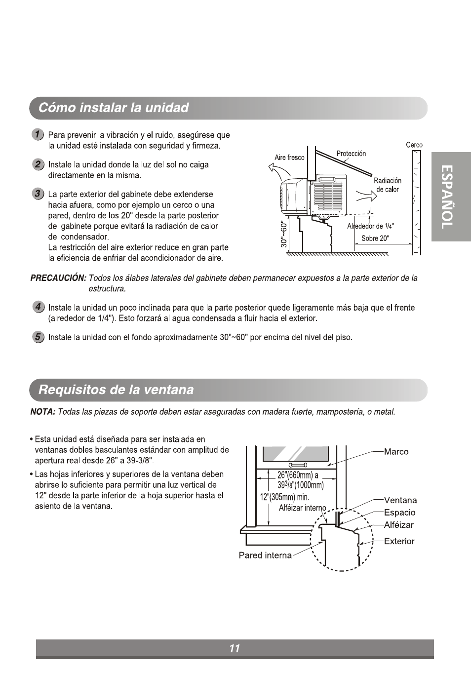 Cómo instalar la unidad, Requisitos de la ventana | LG LP6010ER User Manual | Page 31 / 40