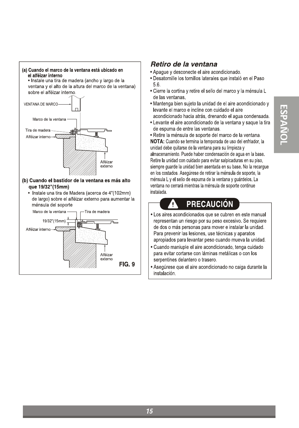 A precaución, Retiro de la ventana, Fig.9 | LG LP6010ER User Manual | Page 35 / 40