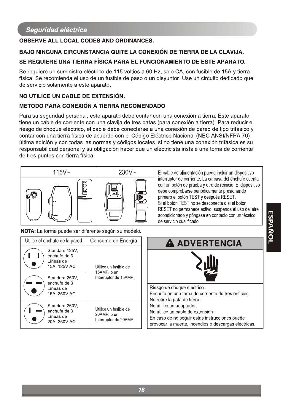 Advertencia, Seguridad eléctrica | LG LP6010ER User Manual | Page 36 / 40