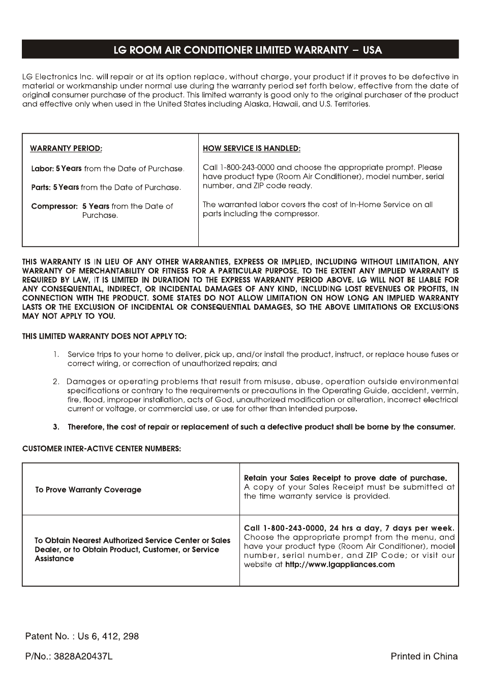 Lg room air conditioner limited warranty - usa | LG LP6010ER User Manual | Page 40 / 40